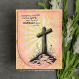 Pink sunburst card with the cross — cast your cares on the Lord, Psalm 55:22