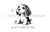 Line-art stamp of a soft-eyed beagle puppy with 'You are my forever best friend' – Oliver from Rescue Tales.