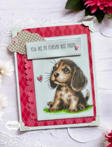 Red-and-pink heart card with the colored beagle puppy and a scripty sentiment.