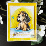 Card with Oliver the beagle puppy colored over a sunny yellow halo, 'you are my forever best friend.'