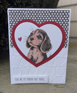 Card with the beagle puppy inside a red heart frame on a gray polka-dot panel.