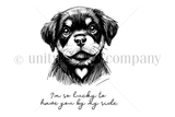 Line art of the Sandy Rescue Tales stamp: a finely detailed Rottweiler puppy portrait with a small heart on her chest, above a script sentiment reading I'm so lucky to have you by my side.