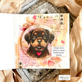 Art journal spread in pinks and creams with Sandy in a circle and a small panel reading A dog's love heals in ways words never could.