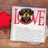 Card with large red die-cut letters spelling LOVE, Sandy colored in black and tan inside the O, and a handwritten letter panel beneath.