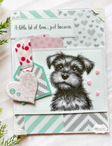 Card in soft grey and mint hearts and chevrons; Mari is stamped in black on a white panel with pink heart accents and a tucked-in tag under 'A little bit of love...just because.'