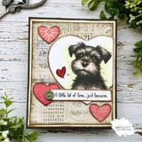 Vintage-style card on old ledger paper with red hearts and a button; Mari sits in a cream circle above 'A little bit of love... just because.'