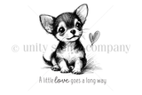 A red rubber stamp of Bella, a tiny chihuahua puppy, with 'A little love goes a long way.'