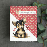 Handmade card featuring the Bella the tiny chihuahua puppy, on a pink heart background, stamped with 'Every dog has a story'.