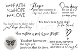 The You Don't Have to Be OK - In the Light red rubber stamp set shown as line art: supportive mental-health sentiments including 'keep faith hold hope feel love'.