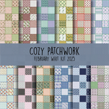 Cozy Patchwork 6x6 paper pack, a grid of small quilt block prints in sage, blush, mustard, navy and cream with a Cozy Patchwork cover band.