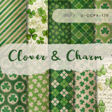 Clover & Charm 6x6 paper pack cover. Green shamrock, plaid, gingham and script patterns for St. Patrick's Day cards.