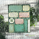 Lucky Cuts ephemera sheet — green shamrock tags and sentiment labels, 'a friend like you makes every day feel lucky.'