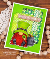 Card sample. A red-bearded gnome with a pot of gold, 'happy St. Patty's', on green plaid.