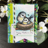 Card with a soft grey mama bird and chick in a nest on a colored panel over botanical paper, finished with the sentiment 'Happy Mother's Day.'