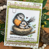 Green card of an orange-breasted mama bird sheltering her chick in a branch nest with a tiny heart, stamped 'Your love will always be my home.'