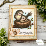 Vintage-framed card of the fluffy mama bird and chick in a nest with a wood heart accent, stamped 'You taught me to fly. I'll always be grateful.'