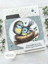 Soft blue card with the blue mama bird and chick in a nest inside a circle frame on textured paper, stamped 'You taught me to fly. I'll always be grateful.'