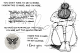 Outline stamp sheet of a young woman curled up hugging her knees, with "You don't have to say a word, I know this is hard, and I'm here" and "No matter how messy this feels, you are not too much for me."