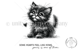 Red rubber stamp sheet of Pookie, a fluffy wide-eyed kitten with a little heart, and the sentiment 'Some hearts feel like home, yours is one of them.'