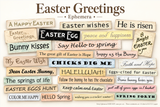 Easter Greetings ephemera — sheets of printed sentiment strips on aged paper including 'Happy Easter,' 'Bunny Kisses,' 'Think Spring' and 'Easter Blessings' for spring cards and junk journals.