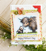 Highland cow and calf on a floral card, 'Happy Mother's Day.'