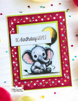 Baby elephant with a gold balloon on a magenta dotted frame, with "Big birthday wishes!"