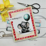 Baby elephant with a teal balloon on a red polka-dot frame, captioned "Big birthday wishes!"