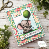 Baby elephant with a green balloon on a plaid card, captioned "Big birthday wishes!"