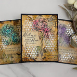 Set of grungy vintage cards in sepia and gold with teal and pink camellias, one stamped 'Mothers plant the seeds of love that bloom forever'.