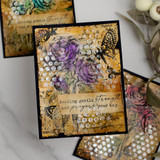 Distressed collage cards in ochre and brown with dotted stencilling, purple and teal camellias, sentiment 'Sending gentle strength and prayers your way.'