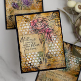 Vintage collage cards in warm brown with a magenta camellia and a kraft tag stamped 'Mothers plant the seeds of love that bloom forever'.
