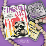 The raccoon pair colored against a birch-forest background in warm sunset tones, reading 'Love you, my little one.'