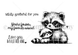 Red rubber stamp sheet with a raccoon and its baby leaning on a ledge, both bright-eyed, beside sentiments reading 'Wildly grateful for you', 'You're forever my favorite rascal' and 'Love you, my little one'.