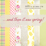 And Then It Was Spring paper pack in vertical strips: pastel plaid, yellow polka dots, pink gingham, vintage book page florals with pink roses, green chevrons and soft yellow blooms.