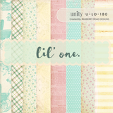 Lil' One paper pack cover: pastel 6x6 sheets in cream, mint and butter yellow with vintage baby carriages, rocking horses, plaids and tiny florals behind a soft title banner.