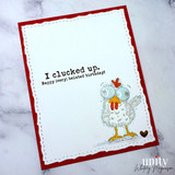 Red-framed white card with the goofy chicken, 'I clucked up. Happy {very} belated birthday!'