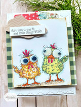 Card with two googly-eyed chickens, 'just here to say hi and make things WEIRD.'