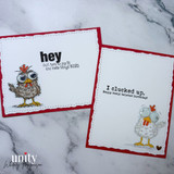 Two marble-background cards with the chickens, 'hey' and 'I clucked up.'