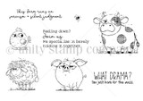 Red rubber stamp sheet with a spotted cow, a chicken, a woolly sheep and a pig, carrying 'This farm runs on sarcasm + silent judgment' and 'WHAT DRAMA? I'm just here for the buzz.'