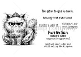 Red rubber stamp sheet with a fluffy scowling cat in a jeweled tiara, carrying 'Too glam to give a damn.' and 'Another year older and still ruling the kingdom.'