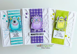 Monster Mayhem card featuring goofy furry monsters in a row, 'Happy Birthday {you like monster}' and 'Monster hugs' sentiments on a colorful background.