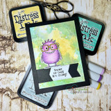 Monster Mayhem card featuring goofy furry monsters in a row, 'Happy Birthday {you like monster}' and 'Monster hugs' sentiments on a colorful background.