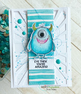 Handmade birthday card with cute cartoon monsters colored in bright teal, purple and green, googly eyes and little horns, sentiment 'Eye think you're amazing!'.