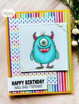 Monster Mayhem card featuring goofy furry monsters in a row, 'Happy Birthday {you like monster}' and 'Monster hugs' sentiments on a colorful background.