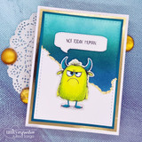 Handmade birthday card with cute cartoon monsters colored in bright teal, purple and green, googly eyes and little horns, sentiment 'Eye think you're amazing!'.