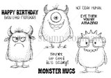 Red rubber stamp sheet with three shaggy one eyed and horned monsters, carrying 'HAPPY BIRTHDAY you little monster!' and 'MONSTER HUGS'.