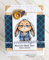 The sleepy-eyed grumpy bunny in a robe on a plaid and woodgrain card with a wooden button — 'World's Best Dad (when awake).'