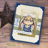 The bunny in a striped robe framed on a navy card with a woodgrain and gold panel — 'you're my favorite grump.'