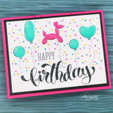 Card with a pink balloon-animal and teal balloons over a confetti-dot background and 'Happy birthday.'