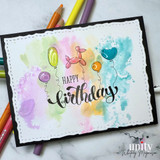 Card with party balloons over a soft rainbow watercolor and a script 'Happy birthday.'